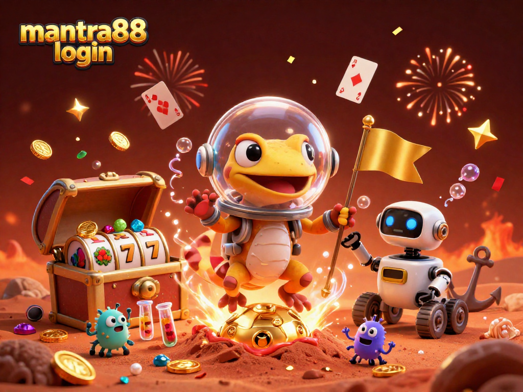 Engage with excitement at the mantra88 login casino scene featuring a Martian gecko unearthing treasures and vibrant game elements.