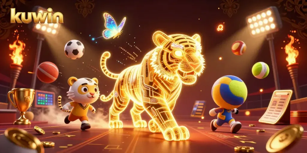 Kuwin showcases strategic gameplay in a vibrant casino scene filled with neon elements and sports action.