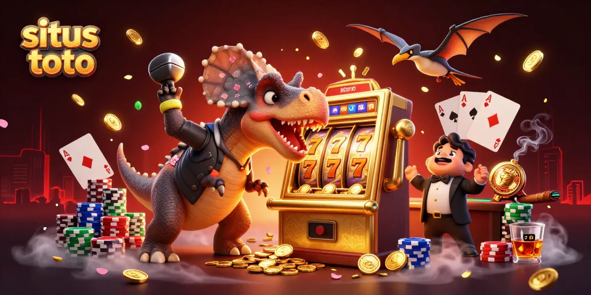 Experience situs toto in an exciting 3D scene with dinosaurs, slot machines, and casino elements.