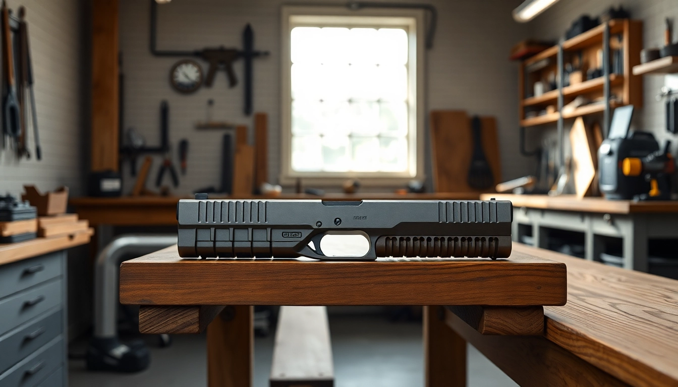 Showcasing a glock 19 gen 3 oem slide with detailed features in a professional workshop.