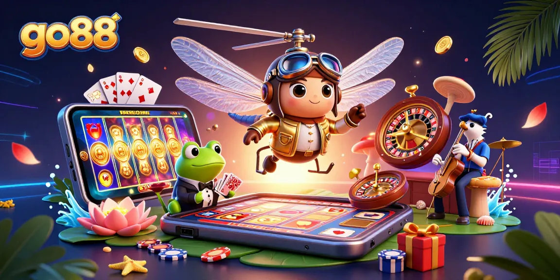 Experience thrilling go88 action with a vibrant dragonfly pilot and frog croupier at a lively lily pad casino