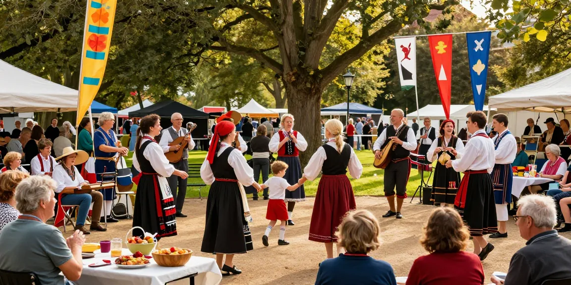 A lively festival scene showcasing cultural celebrations and traditional Breton music, featuring engaging activities around the theme of เกมสล็อต.