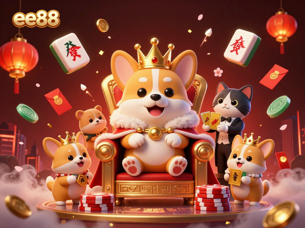 ee88 delights players with a vibrant cartoon scene featuring a royal corgi on a throne of poker chips.