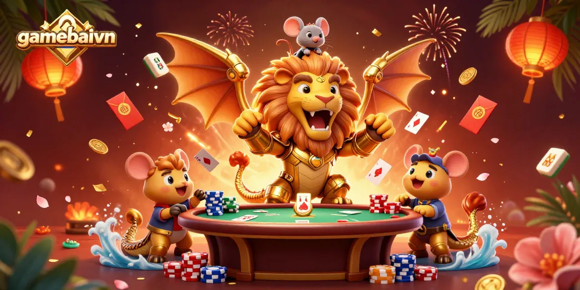 Engage in thrilling poker action at gamebaivn with a dynamic 3D casino scene showcasing vibrant poker elements.