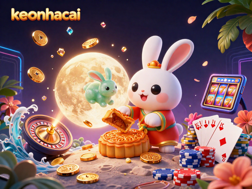 Spin the luck with keonhacai: 3D moon rabbit illustration amid golden casino treasures.