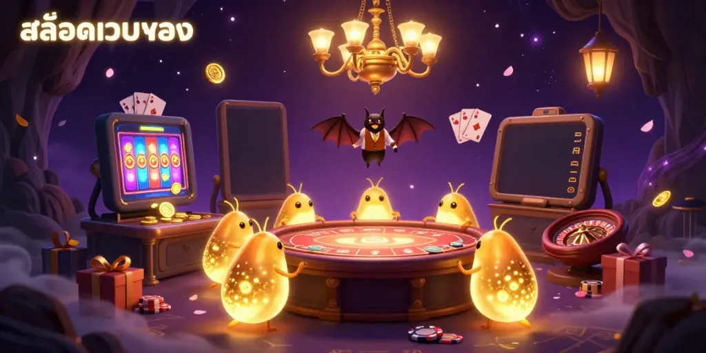 Engage with สล็อตเว็บตรง in a vibrant cave casino scene illuminated by glowworms.