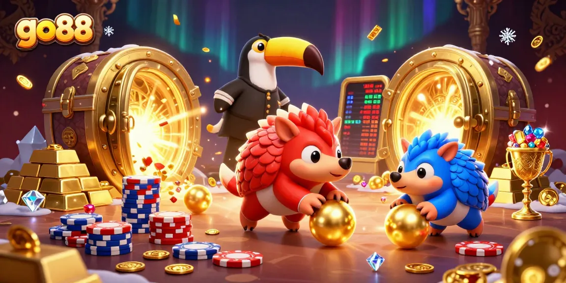 Experience thrilling go88 action as rival pangolins bowl through poker chips in a dazzling casino scene.