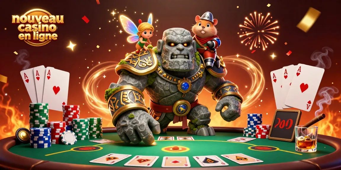 Illustration dynamique sur le nouveau casino en ligne avec un golem, une fée, et un hamster chevalier.
