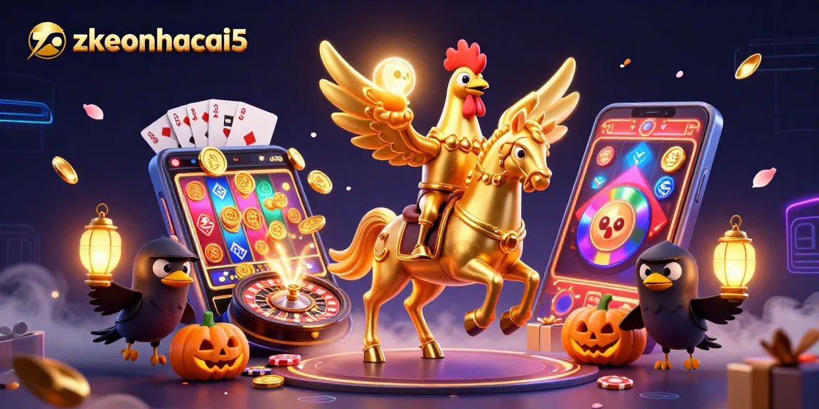 Engage with exciting games on zkeonhacai5 as a golden rooster rides through a lively casino scene.