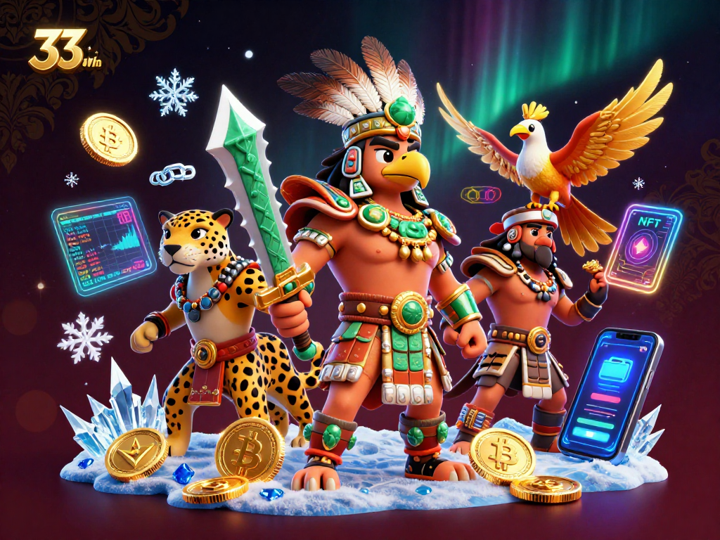 Join the action at 33win with vibrant Aztec warriors and crypto elements in a thrilling casino scene.