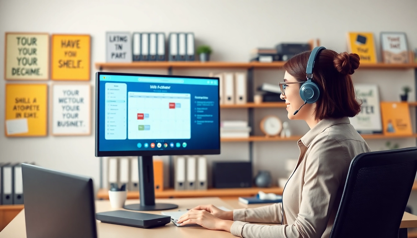 Efficient virtual assistant scheduling tool in an organized office setting with dual monitors.