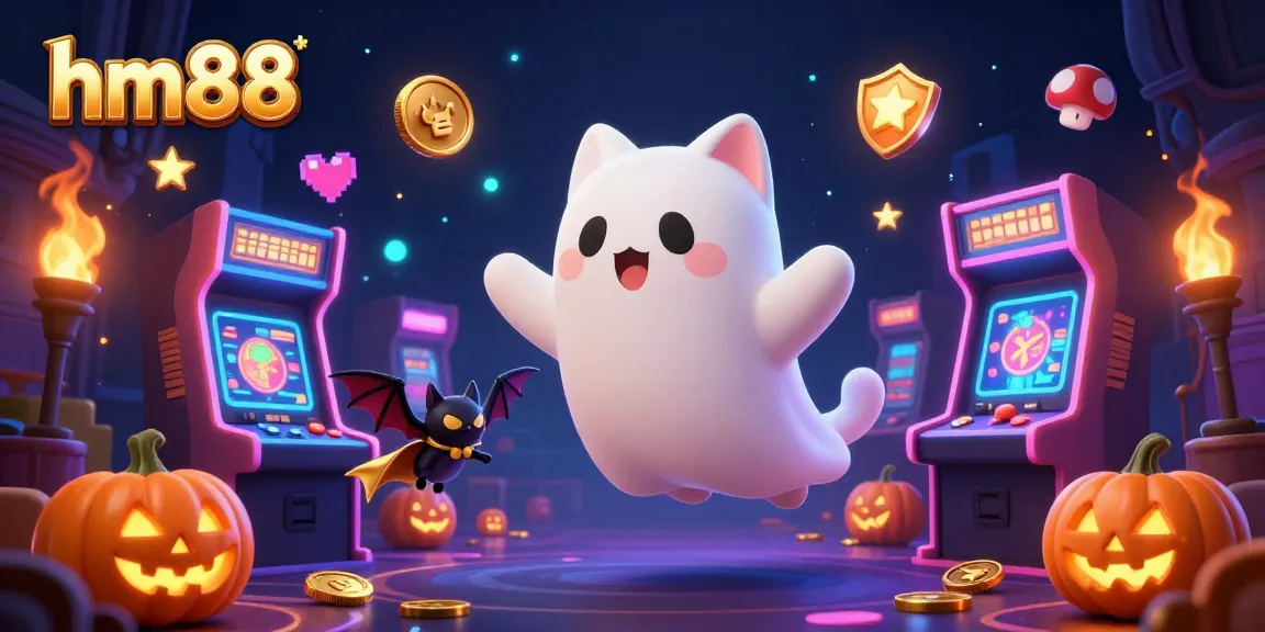 Engage with the magical world of hm88 as a friendly ghost cat floats through a haunted casino, surrounded by vibrant gaming elements.