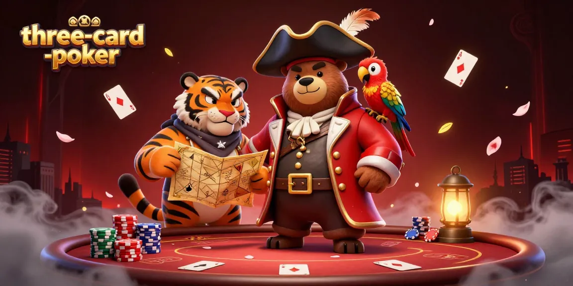 Play three-card-poker with engaging characters in a dynamic casino scene filled with poker elements.
