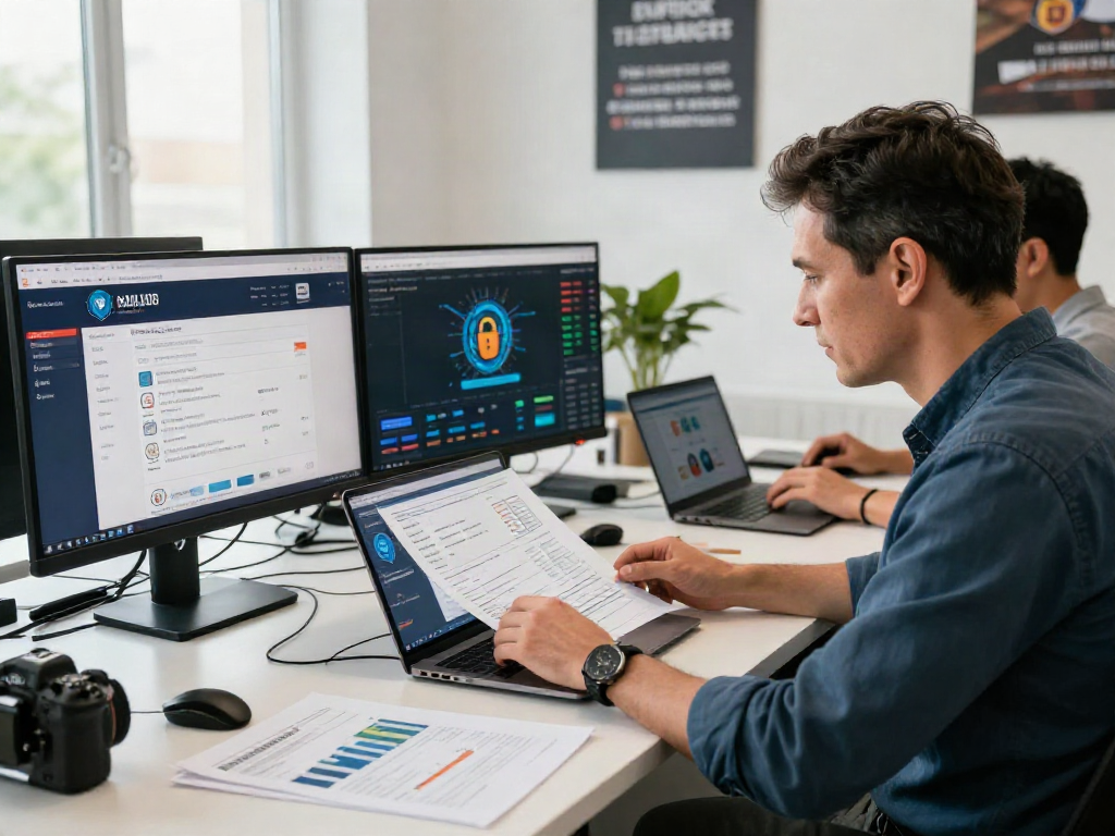 먹튀스팟 검증사이트 team assessing online gaming safety data in a modern office.