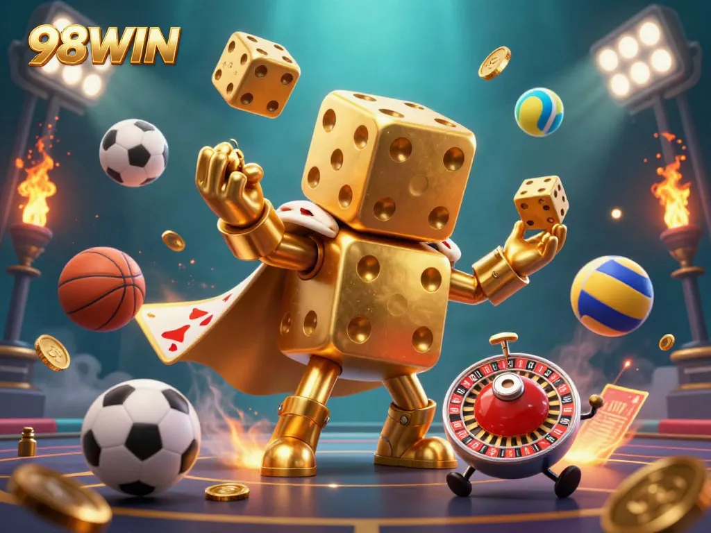 Experience the thrill of 98WIN with a vibrant illustration of a golden dice golem juggler surrounded by dynamic sports elements.
