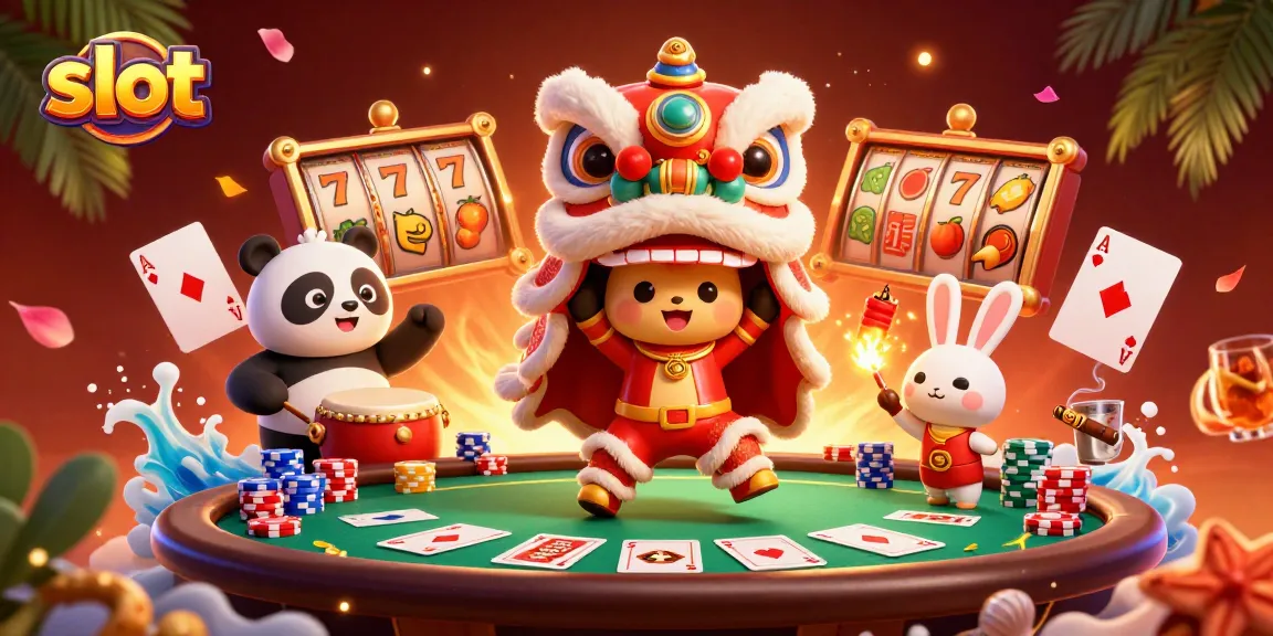 Spin the slot reels surrounded by vibrant casino elements and lively characters.