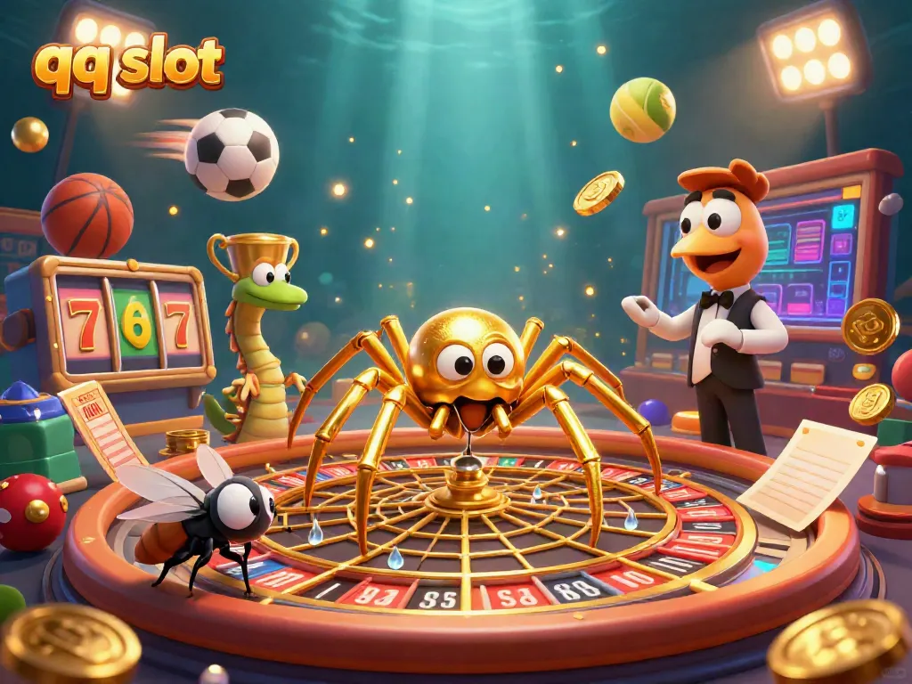 Experience the thrill of qq slot gaming with dynamic visuals of a spider and croupier in action.