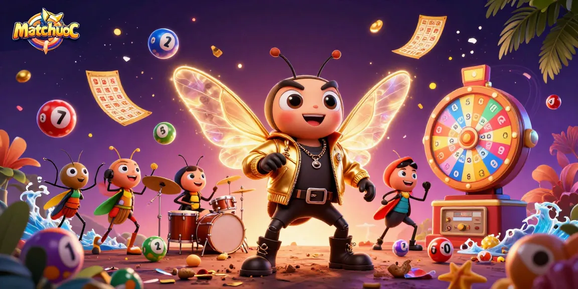 Join matchuoc in this vibrant casino scene featuring a cicada rock star and exciting lottery symbols.