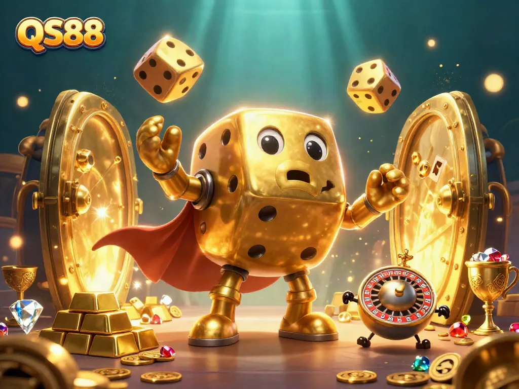 Spin to win with QS88's golden dice and vibrant casino treasures in a captivating scene.