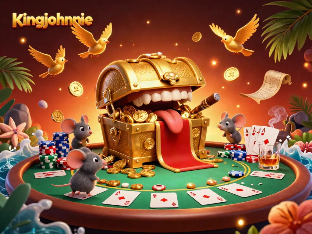 Experience kingjohnnie's gaming allure with a treasure chest enticing mice and poker elements scattered.