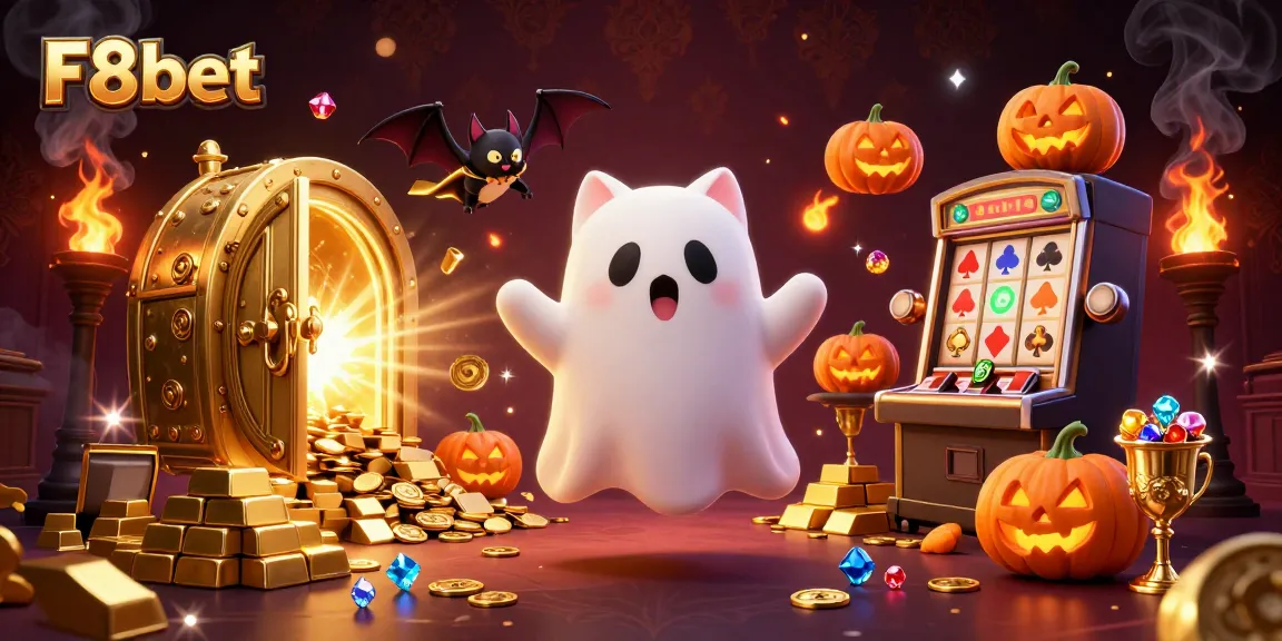 Engage with F8bet in this vibrant, thrilling casino adventure featuring a ghost cat and bat.