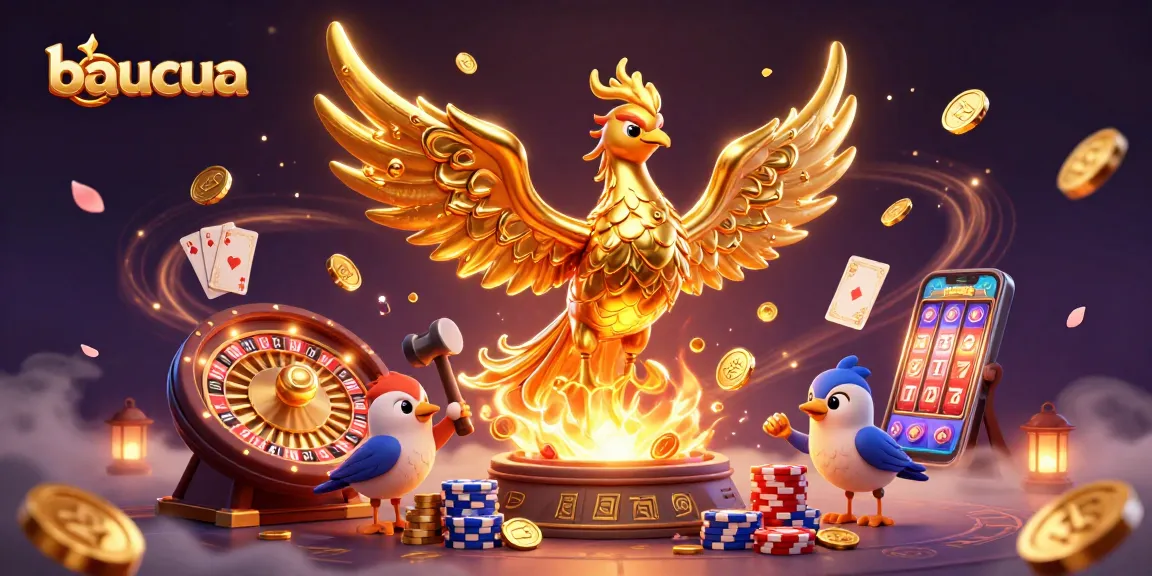 Engage in the fun of baucua with a vibrant 3D illustration of a phoenix and casino elements.