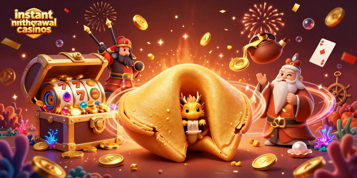 Explore instant withdrawal casinos with a vibrant 3D illustration of mythical characters and casino elements.