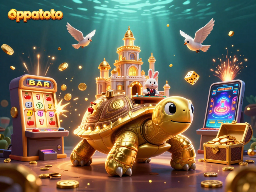 Play exciting games at oppatoto with a giant tortoise casino bursting with gold coins and thrilling elements.
