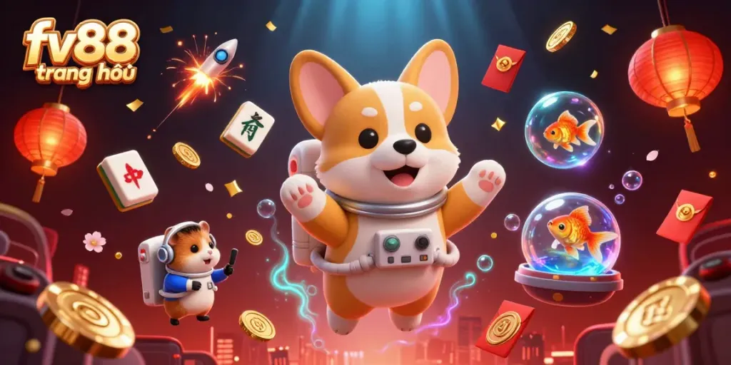 Engage in thrilling moments at fv88 trang chủ, where a cartoon corgi floats in a vibrant casino space.
