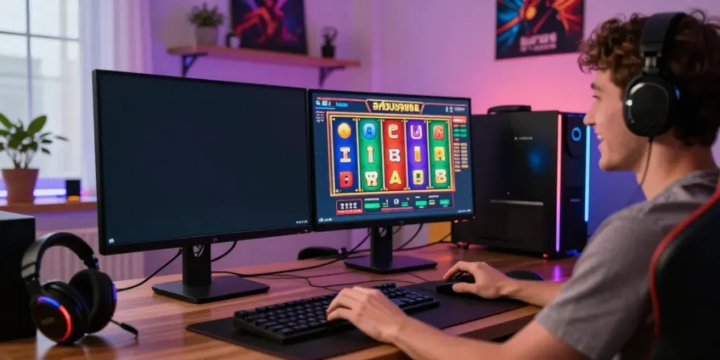 The player enjoys a colorful สล็อตเว็บตรง game on a computer, surrounded by gaming gear and cozy home office elements.