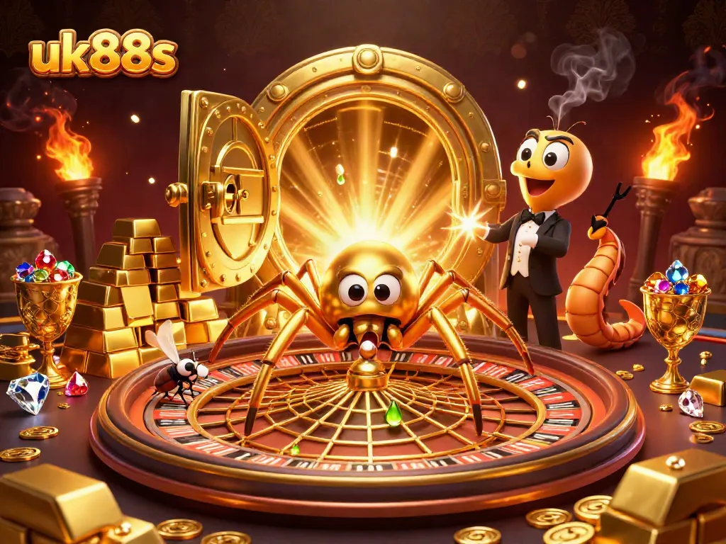 Experience thrilling bets at uk88s with a dynamic scene of a golden spider and casino atmosphere.