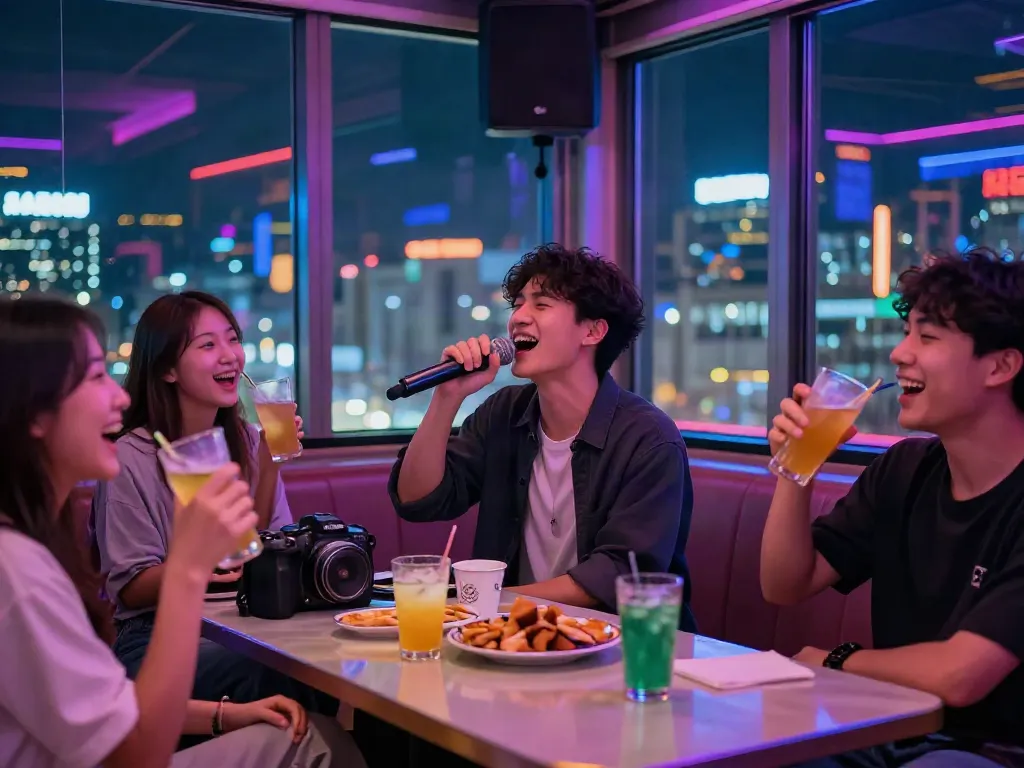 강남 달토에서 노래하는 젊은 남성과 친구들, 즐거운 분위기의 룸싸롱 모습.