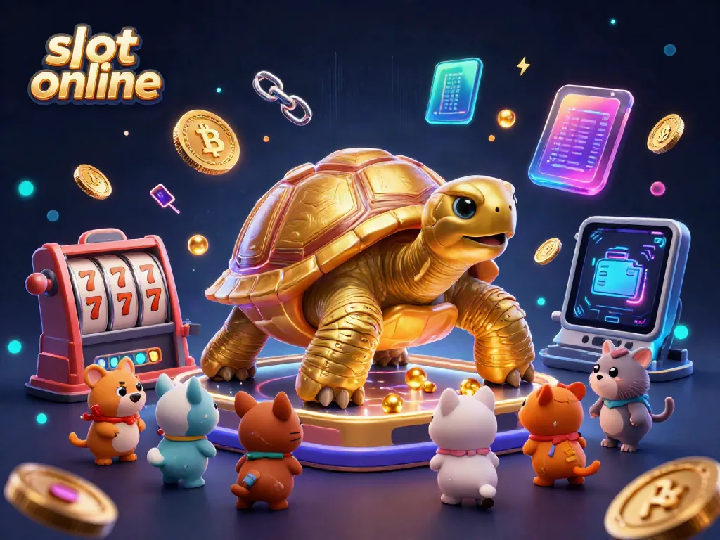 Engage in vibrant slot online fun with a colossal tortoise and animated characters.