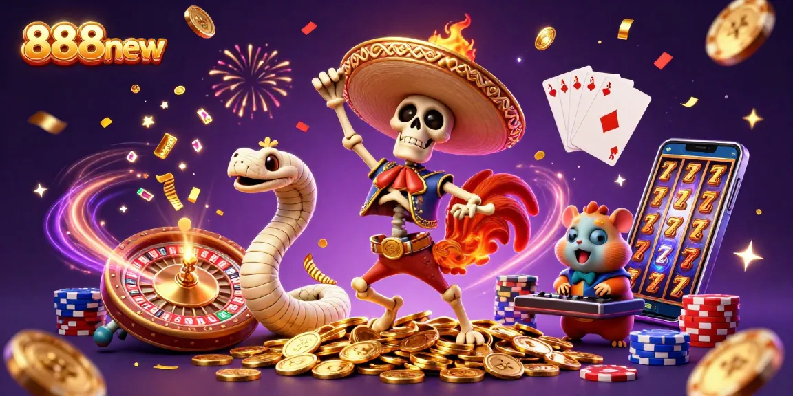 Celebrate winnings at 888new with a dynamic casino scene featuring animated characters and golden coins.