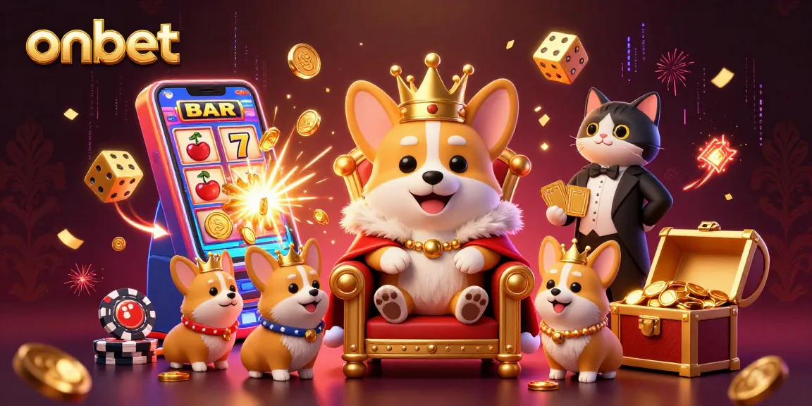 Engage with Onbet in an extravagant 3D scene showcasing a royal corgi surrounded by casino elements.