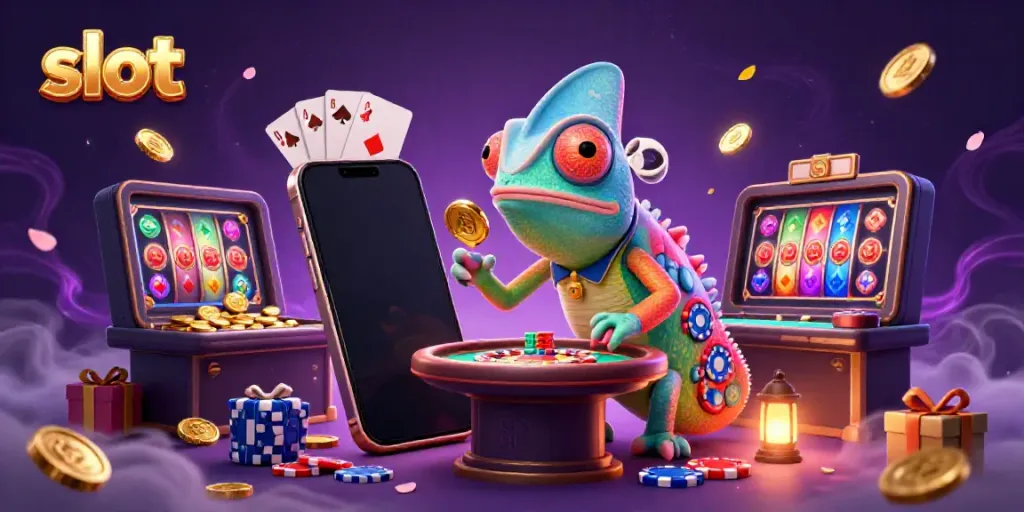 Slot yang menarik menampilkan pemilik kasino bunglon yang menangkap koin emas di antara permainan slot berwarna.