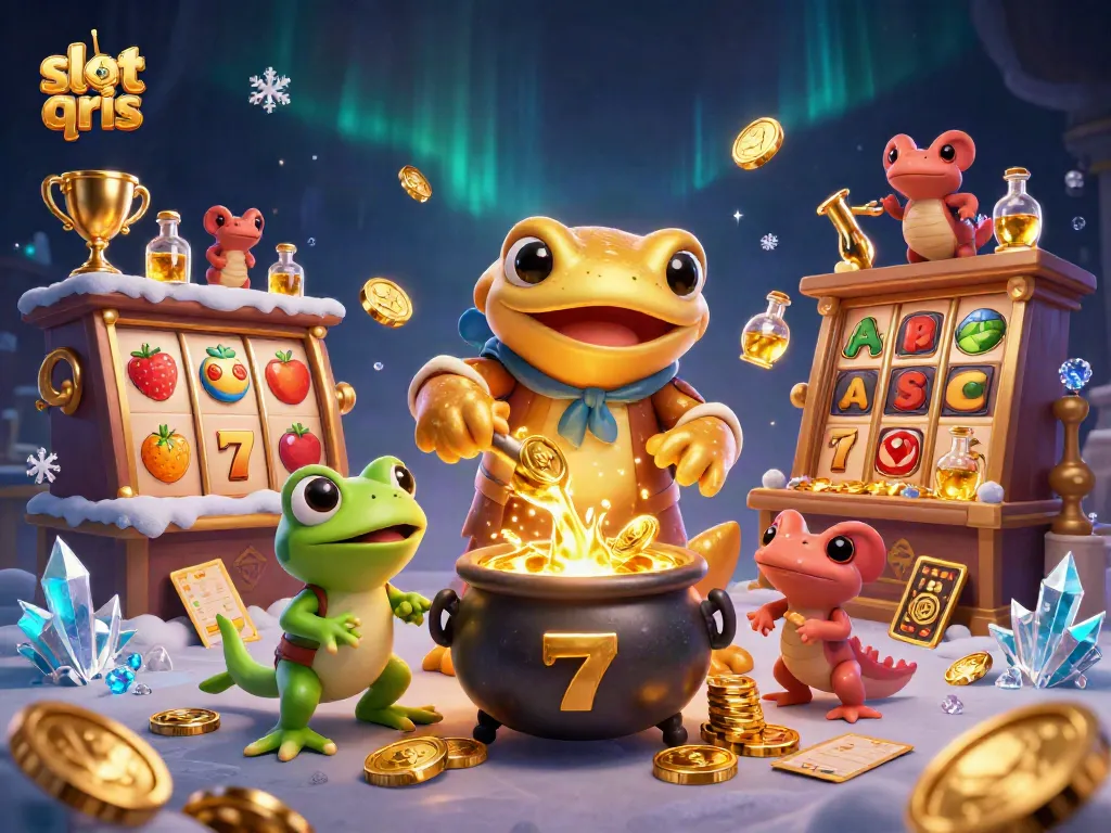 Win big with slot qris - an animated illustration of casino characters and slot reels.