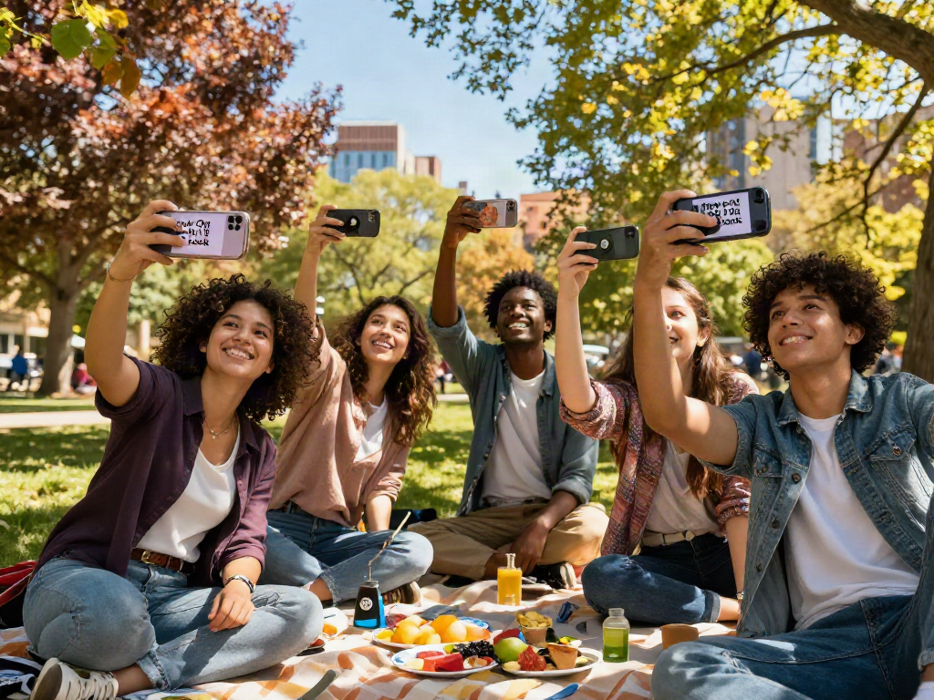 Friends enjoying a sunny day in the park, using the "how old do I look" app to estimate their ages with smiles and laughter.
