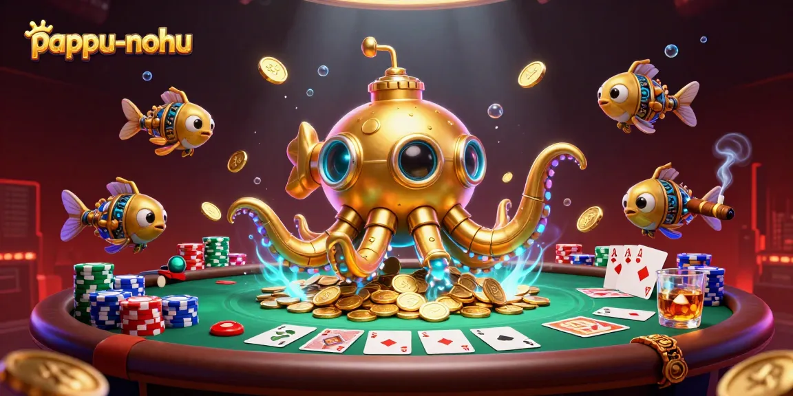 Pappu-nohu offers exciting gameplay moments with a golden kraken submarine and vibrant poker action.