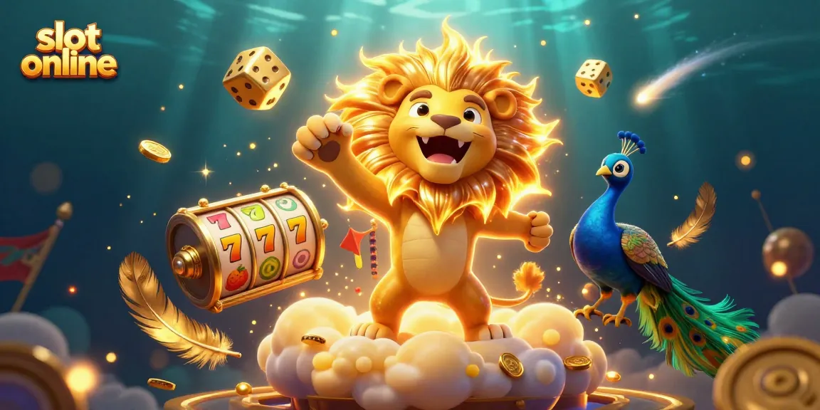 Spin and win with slot online as a lion roars triumphantly amidst dazzling casino elements.