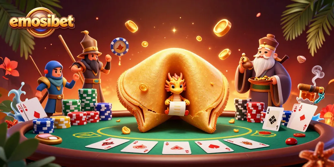 Experience the excitement of emosibet with a vibrant poker scene featuring fortune elements and dynamic characters.