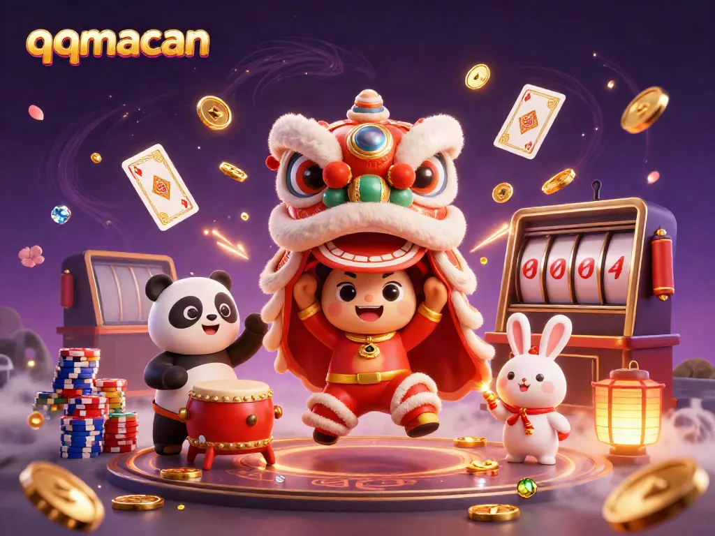 Experience winning moments at qqmacan with vibrant casino characters celebrating amidst flying coins and rich decorations.