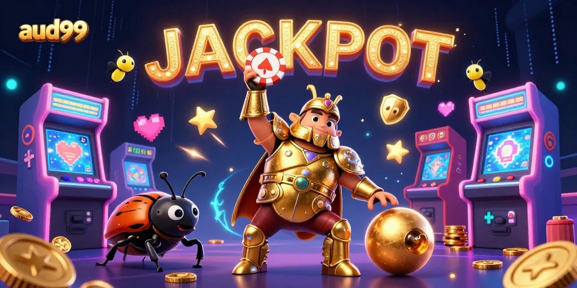 Experience aud99 excitement with a hercule beetle lifting a poker chip amidst vibrant casino elements.
