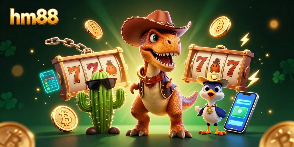 Play exciting slot games at hm88 with a dino and friends amidst vibrant neon elements