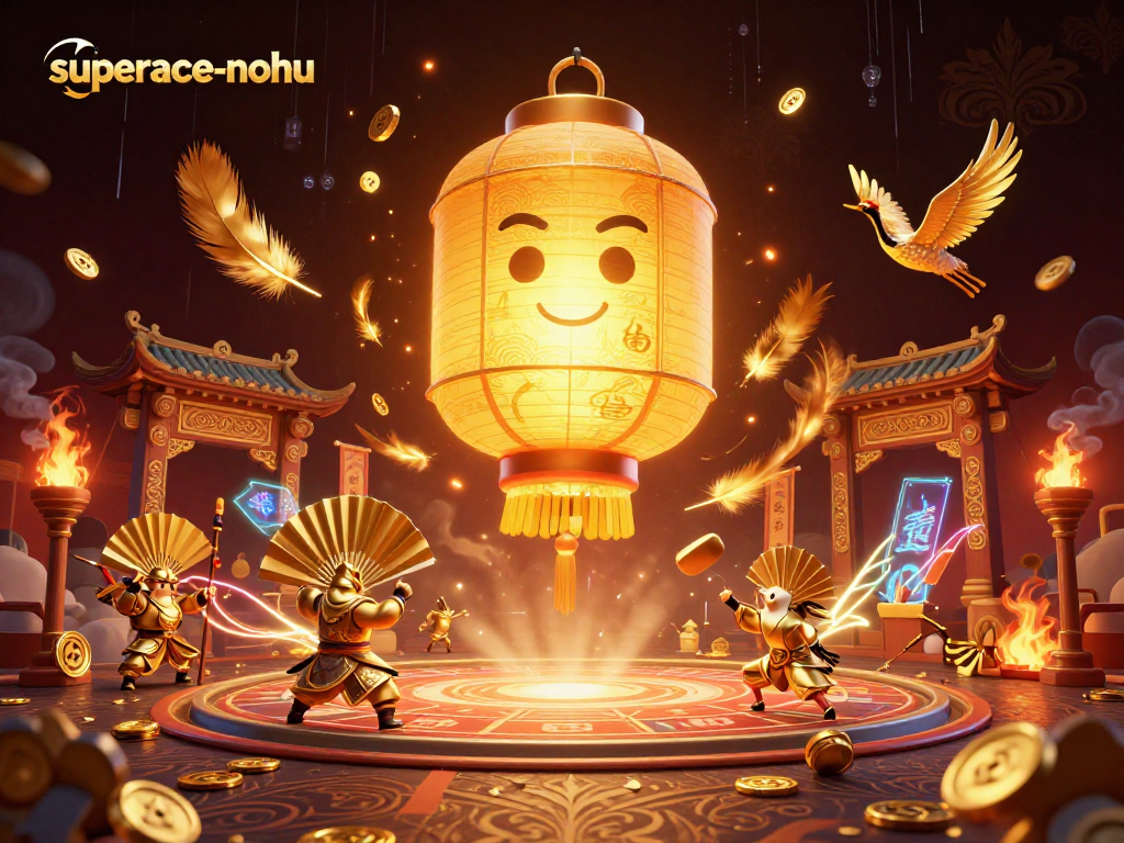 Experience superace-nohu through a vibrant 3D scene featuring golden lantern spirits and dynamic casino elements.