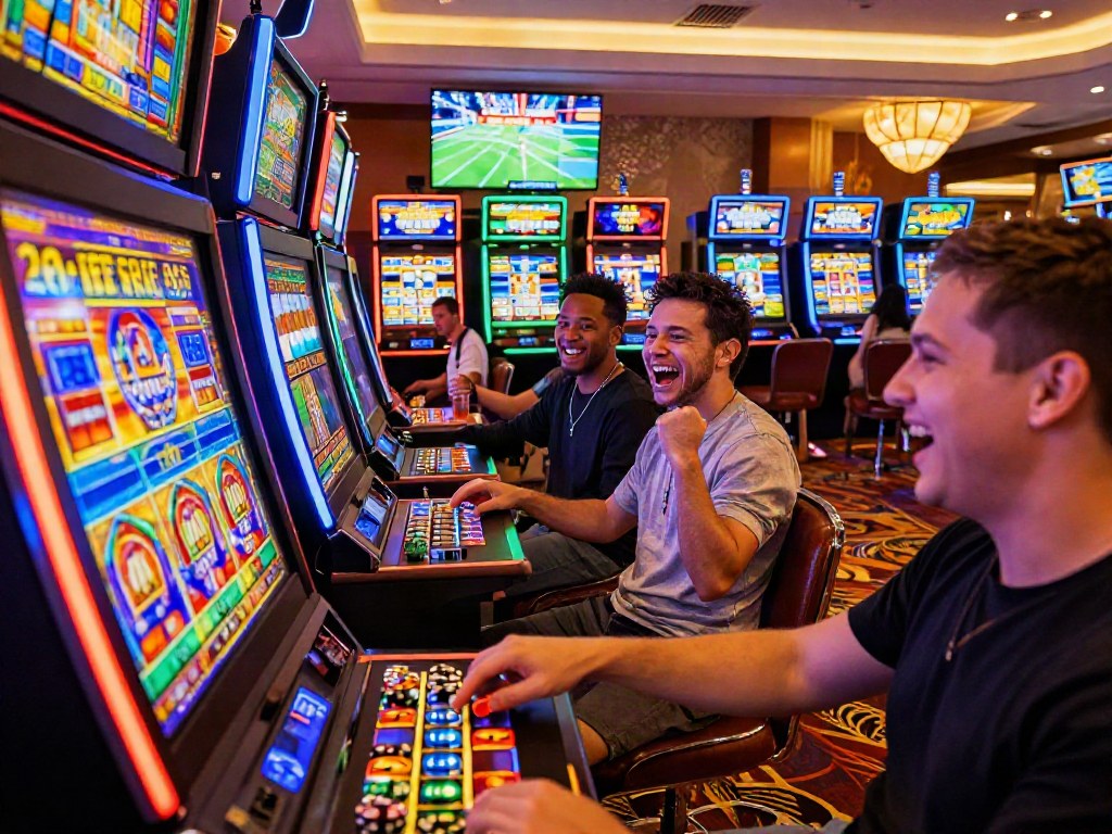 situs slot gacor hari ini gaming scene with players celebrating at vibrant slot machines in a lively casino atmosphere