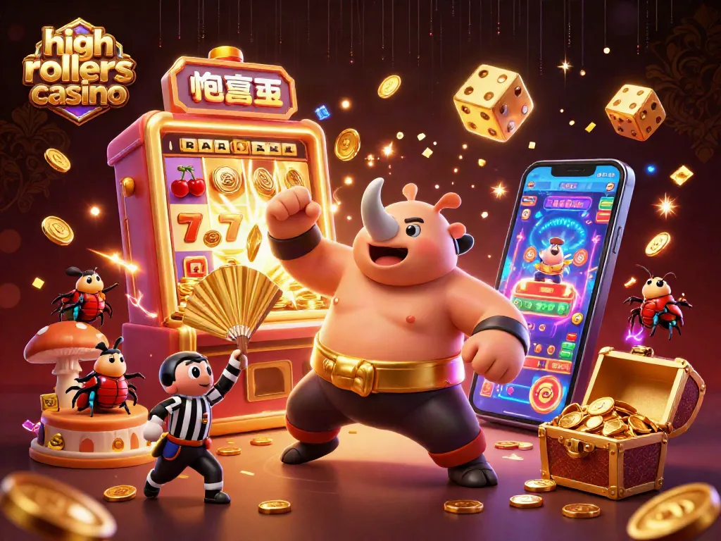 Engage in high rollers casino excitement with a dynamic 3D beetle sumo match amidst jackpot visuals.