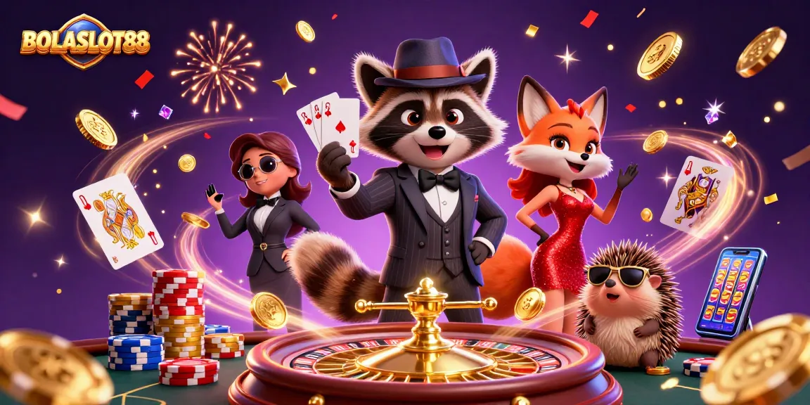 BOLASLOT88 showcases a luck-filled gaming scene with a suave raccoon and glamorous fox amidst festive casino elements.