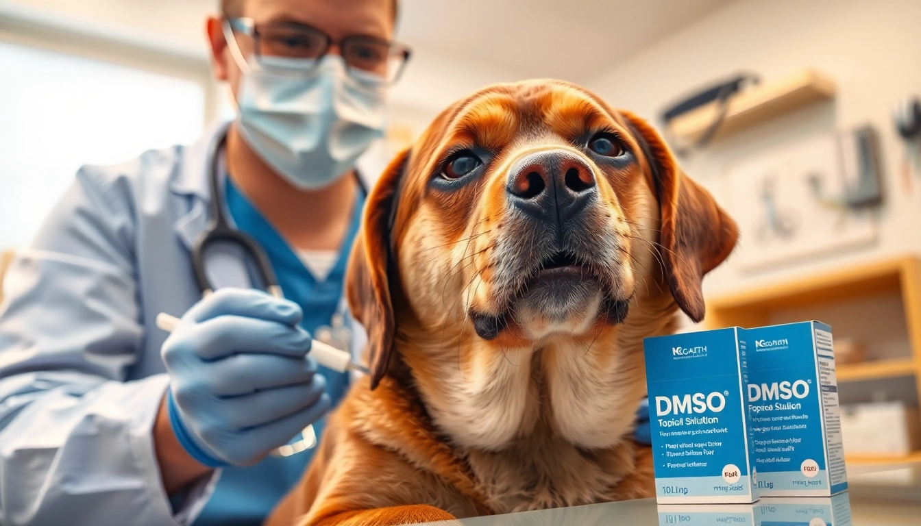 Apply DMSO for dogs in a vet clinic illustrating care and healing for pets.
