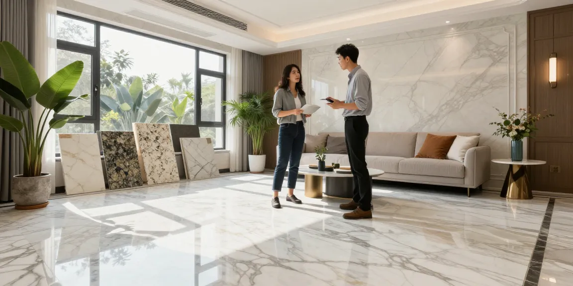 NAGA2000's premium flooring consultation in a luxurious living space with natural light highlighting the marble.